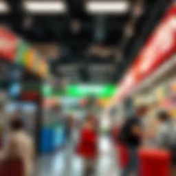Illustration of a lottery sales point bustling with activity