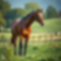 A majestic thoroughbred racehorse standing in a lush green pasture.